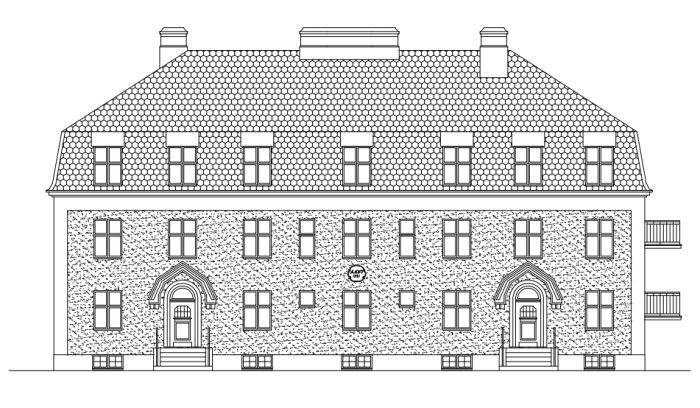 Ritning av ett större hus från 1921 med takfönster och förslag på runda takkupor.