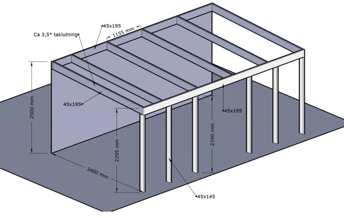 Illustration av trästomme för byggnad med måttangivelser på bjälkar och stolpar.