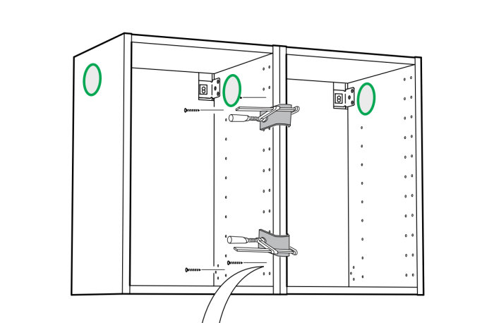 Schematisk illustration av två översta köksskåpstommar med utskuren passage för ventilationsrör nära kanten och fästpunkter.