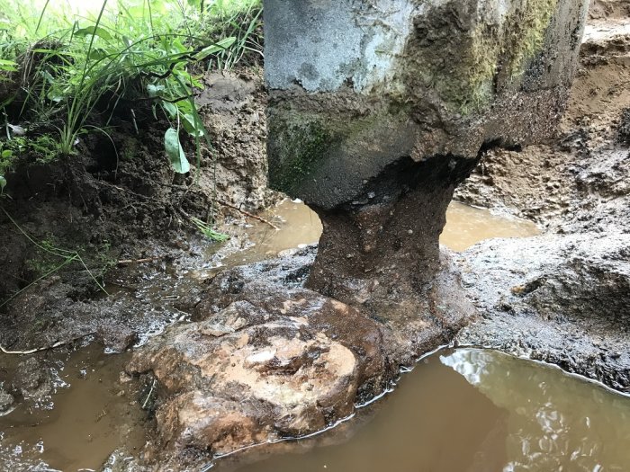 Nedgrävd betongplint omgiven av vatten och lera, delvis eroderad och i behov av förstärkning.