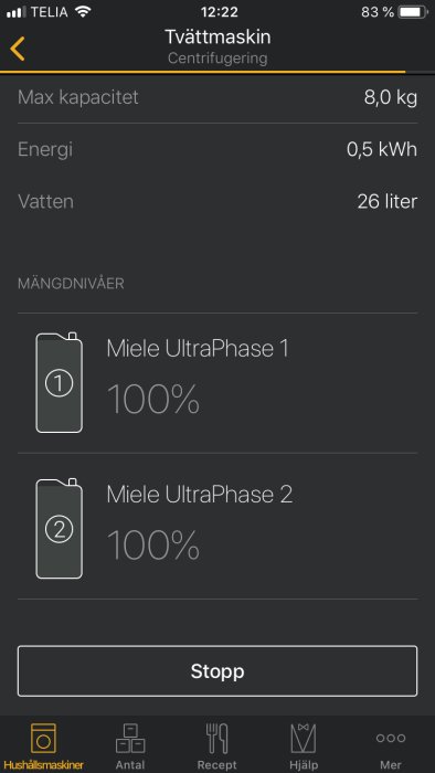 Skärmdump från Miele-app som visar 100% fyllda TwinDos-rengöringsmedelsbehållare för UltraPhase 1 och 2.