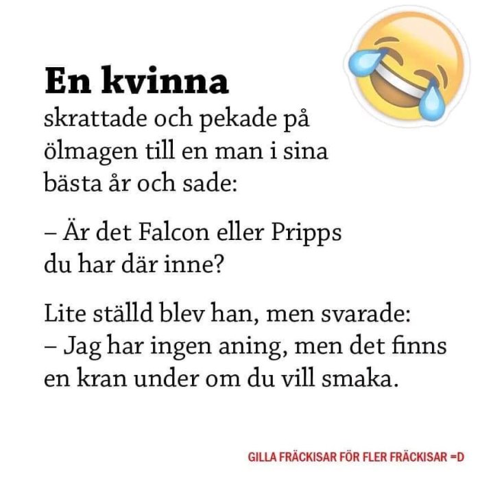 Text med skämt om en kvinnas kommentar på en mans ölmage, innehåller gråtande smiley-emoji.