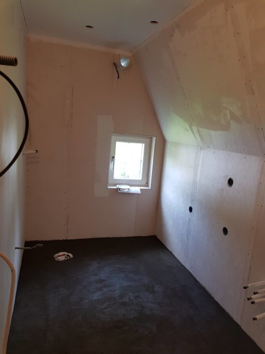 Rum under renovering med spacklat golv och oputsade gipsskivor på väggarna.