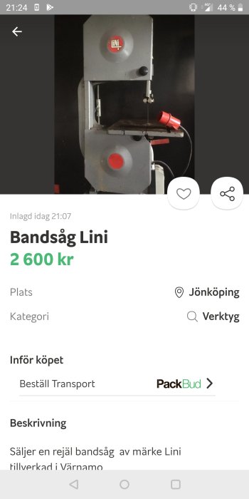 Grå bandsåg av märket Lini med rött säkerhetsskydd, till salu för 2600 kr.