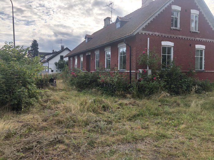 Röd tegelvilla från 1909 i behov av renovering med övervuxen trädgård och synliga murfogar.