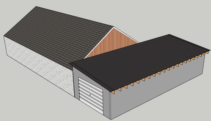 3D-modell av hus och garage med pulpettak, råspont och underlagspapp redo för takavvattning.