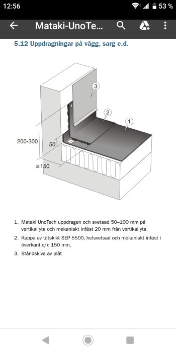 Instruktionsbild för anslutning av takpapp mot vägg med måttangivelser och monteringssteg.