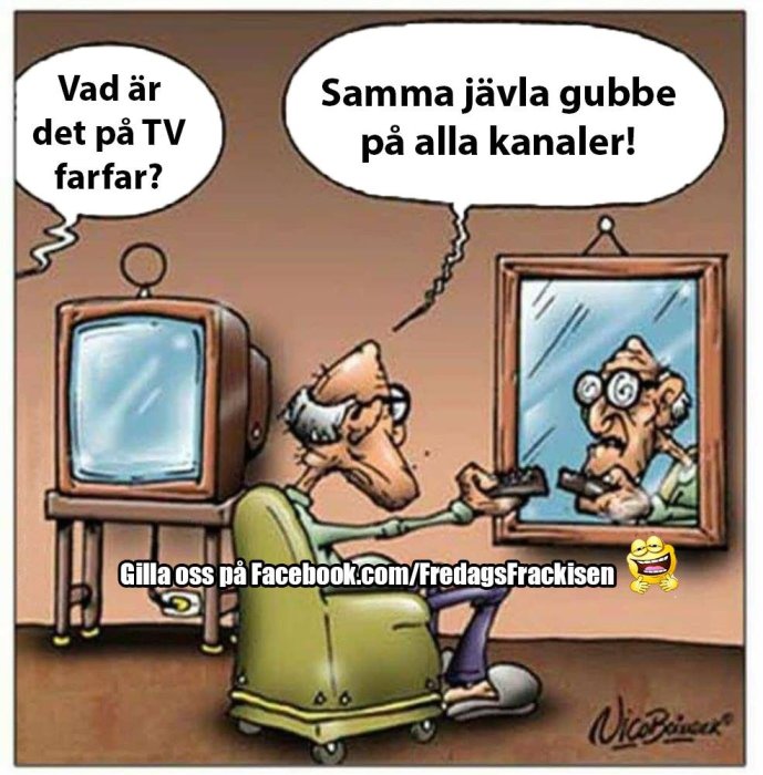 Tecknad bild av en gammal man som ser på TV och upptäcker sitt spegelbild, barnbarn kommenterar.