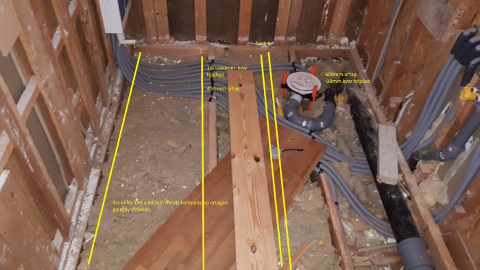 Renoveringsarbete i pågång med exponerade bjälklag och VVS-installationer i ett badrum under konstruktion.
