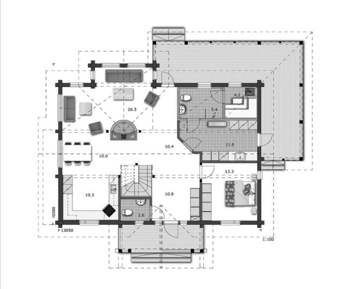 Arkitektonisk ritning av en planlösning för ett hus med markerade ändringar för kök och hall.