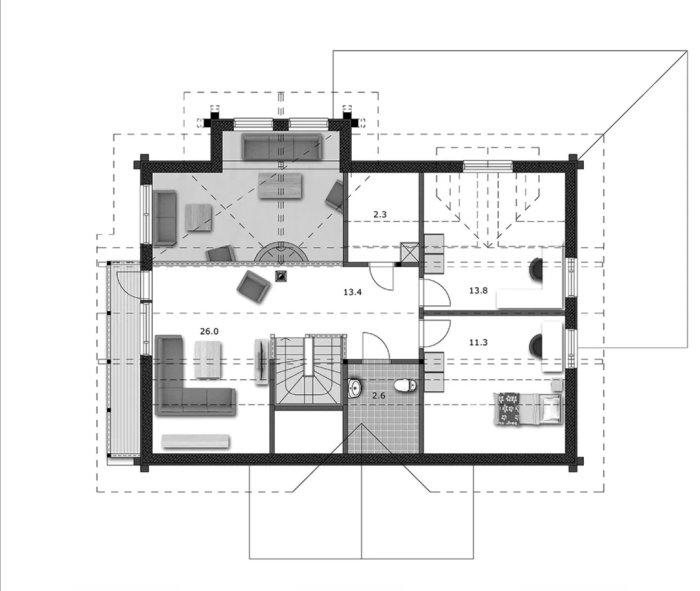 Svartvit planritning av ett hus med markerade områden för kök, hall och sovrum föreslagna för ombyggnad.