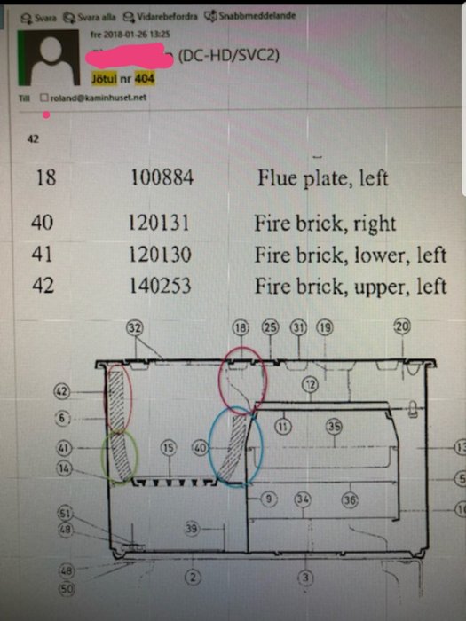 E-postmeddelande med delar lista för vedspis, inklusive "Flue plate, left", och en teknisk ritning med markerade delar.