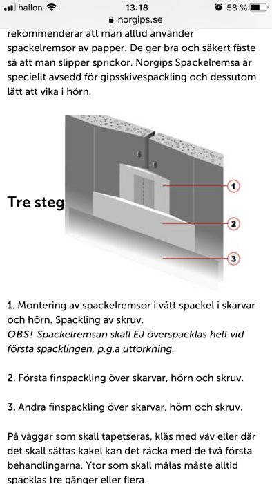 Instruktionsbild för montering av spackelremsor på gipsskivor i tre steg.