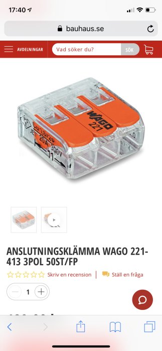 Anslutningsklämma Wago 221-413 avsedd för elektriska installationer visas i genomskinlig och orange design.