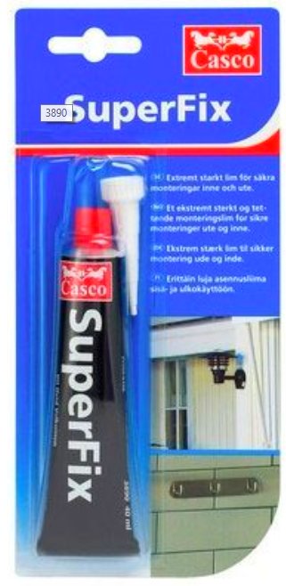 Casco SuperFix lim i förpackning, avsett för montering inomhus och utomhus.