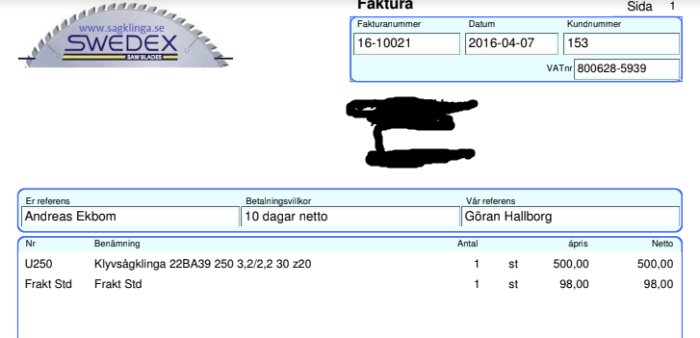 Faktura från sawklinga.se med specifikation av köpt klyvsågklinga och kontaktinformation.