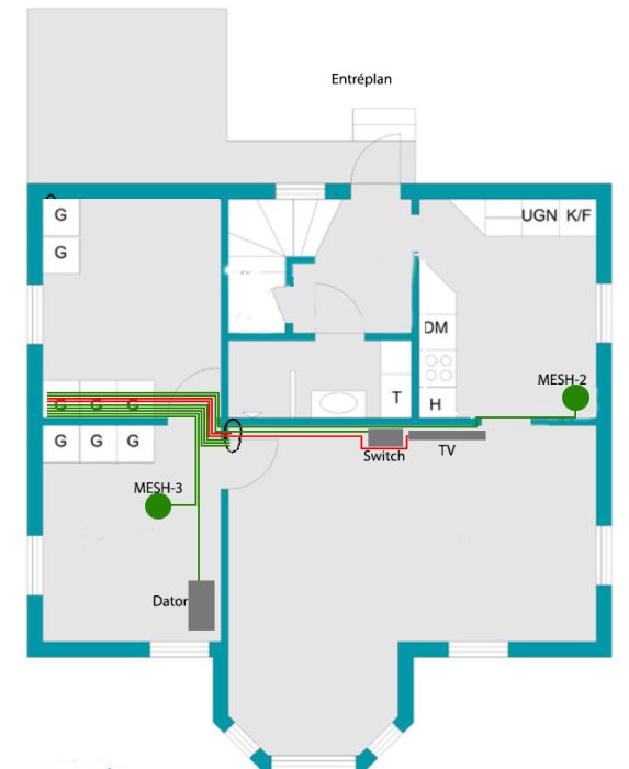 Planritning av en våning med markerade kabeldragningar och placering av nätverksutrustning som MESH-noder och TV.
