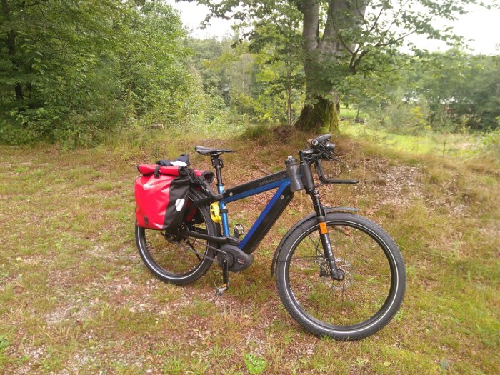 Elcykel parkerad utomhus med röda sadelväskor, nära en skogsdunge.