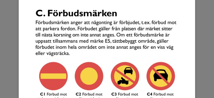 Informationsgrafik som visar olika svenska förbudsmärken för trafik, inklusive förbud mot infart, parkering, tuta och lastning.