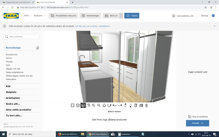 3D-ritning av kökslayout med träbänkskivor, vita skåp och rostfri diskho.