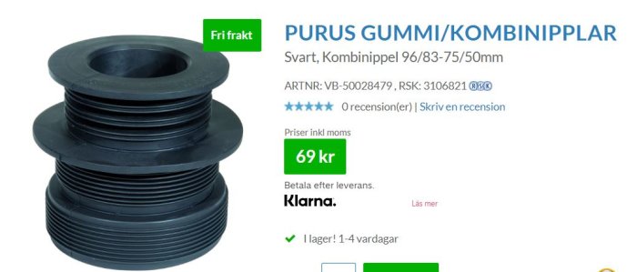 Svart kombinippel i gummi för röranslutning visad bredvid text och prisinformation.