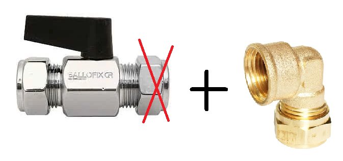 Ballofix-ventil med utvändig gänga och ett rött kryss bredvid en 90 graders mässing vinkelkoppling.