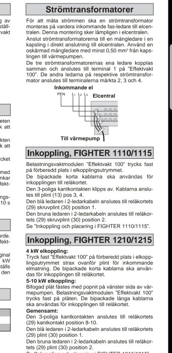 Schematisk illustration av inkoppling för strömtransformatorer till en värmepump, inklusive anslutningar till centralen.