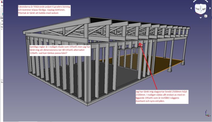 3D-ritning av en carport och verkstad i FreeCAD med reglar och takstolar markerade.