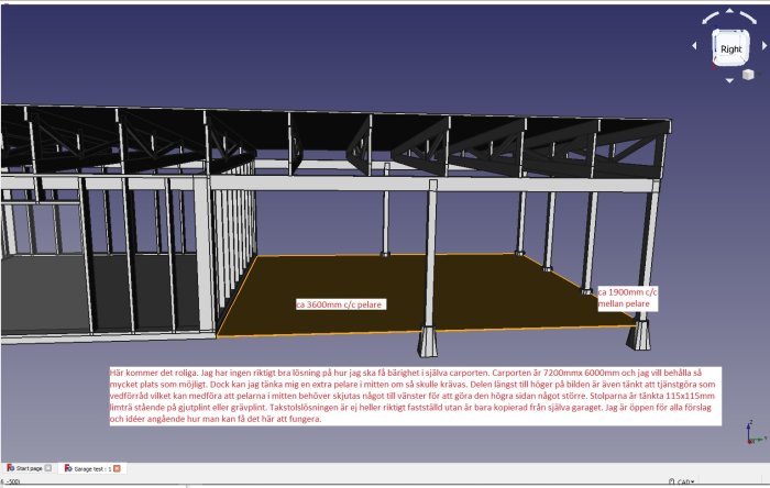 3D-ritning av en carport och verkstadsdel i ett CAD-program, visar dimensioner mellan pelare.