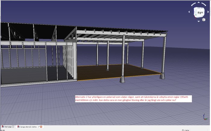 3D-modell av ett takkonstruktionförslag med reglar, limträbalk och 600mm avstånd mellan reglarna för en byggnad.