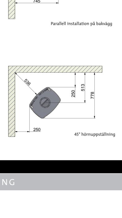 Ritning som visar mått för installation av kamin med en 45-graders vinkel mot en vägg.