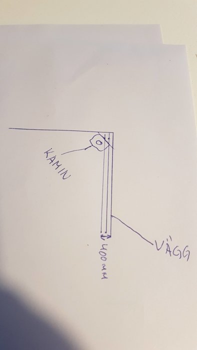 Handritad skiss över en kamin och dess anslutning till väggen med markerade mått.