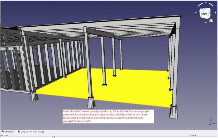 3D-rendering av en konstruktion med bärlinor och pelare för ett byggprojekt, med förslag på förstärkning av takstöd.