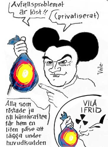 Illustration av karikatyrfigurer som diskuterar kärnkraftsavfallets privatization med ironiska kommentarer.