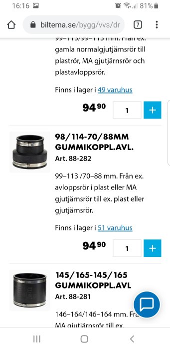 Skärmbild från webbsida som visar gummiavloppskopplingar med priser och storlekar för röranslutning.