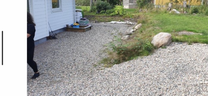 Sluttning med makadam och jord ner mot ett vitmålat hus, potentiell plats för carport och förråd.
