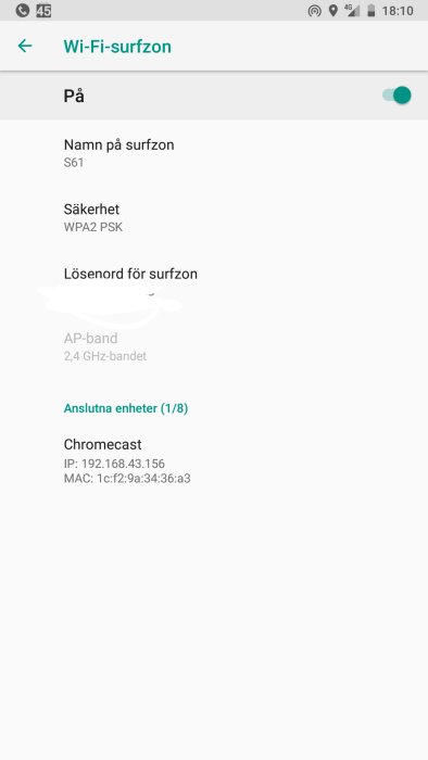 Skärmdump av mobiltelefons Wi-Fi hotspot-inställningar med ansluten Chromecast-enhet.