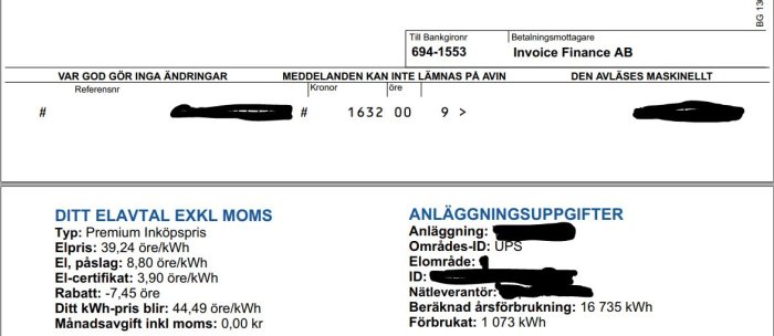 Del av en elräkning som visar elförbrukning, kWh-pris och total kostnad, med vissa delar suddade.