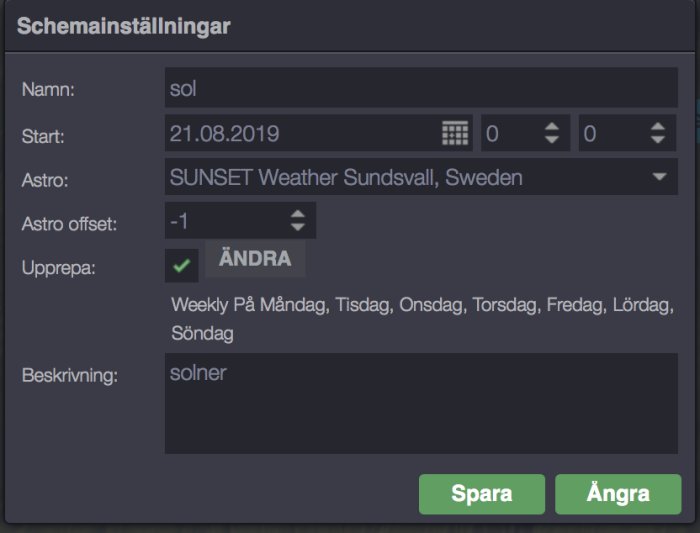 Skärmdump av schemainställningar för en väderstation, med startdatum och repetition på veckodagar.