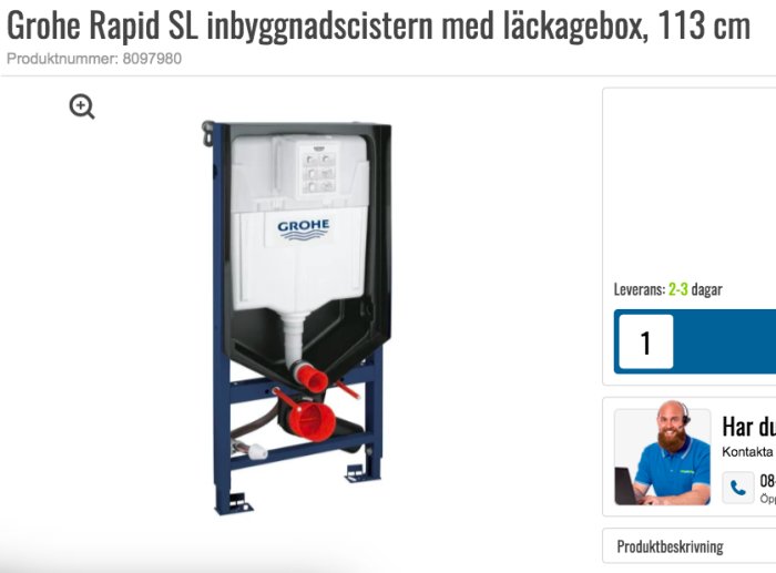 Grohe Rapid SL inbyggnadscistern med läckagebox, blå stålram och vit cistern mot vit bakgrund.