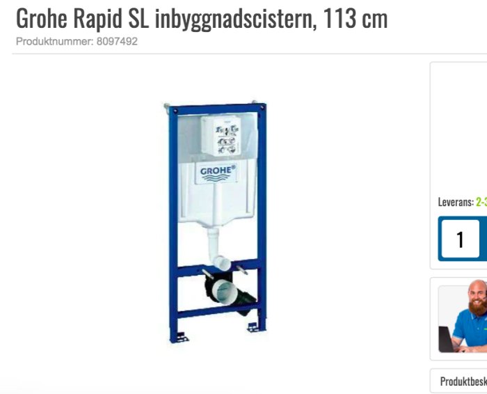 Grohe Rapid SL inbyggnadscistern 113 cm utan läckagebox, visas mot vit bakgrund.