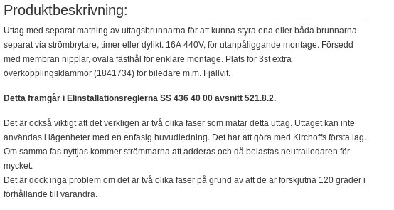 Skärmdump av en produktbeskrivning som förklarar att ett uttag matas separat för att kunna styra två brunnar och nämner installationsregler.