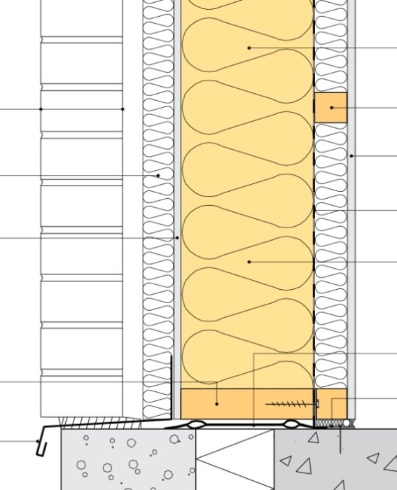 Illustration av väggsektion i äldre hus med träregelkonstruktion, isolering och tegelfasad.