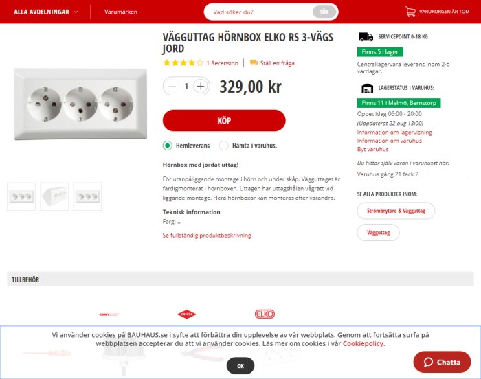Trevägs hörnbox vägguttag från ELKO med jordad uttag, prissatt till 329,00 kr, skärmbild från webbshop.