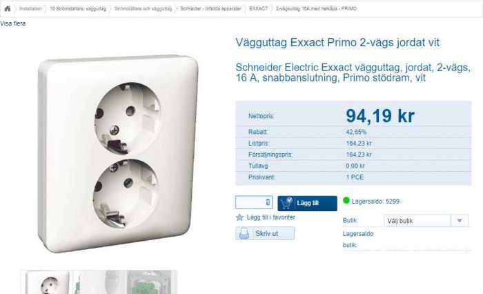 Vägguttag Exxact Primo 2-vägs jordat vit, pris 94,19 kr, med webbutikens lagersaldo och knappar för köp.