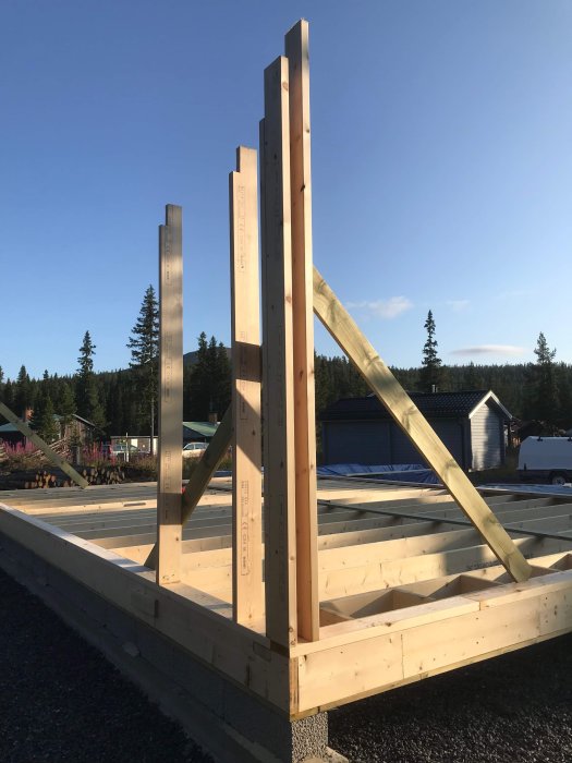 Byggplats med trästomme och fundament för ett hus, med blå himmel och träd i bakgrunden.