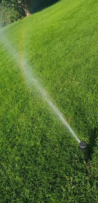 Sprinkler som vattnar grönt gräs på en solig dag, stängs av för automatiserad bevattning.