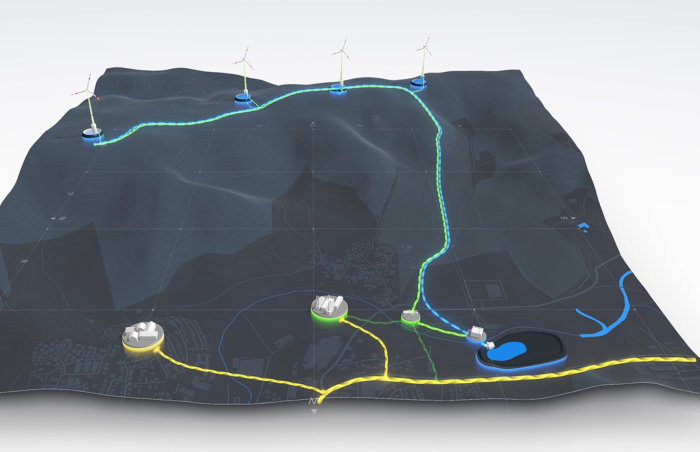 3D-modell av pilotanläggningen för vattenbatteri, med bassäng, fundament, tankar och kraftverk markerat.