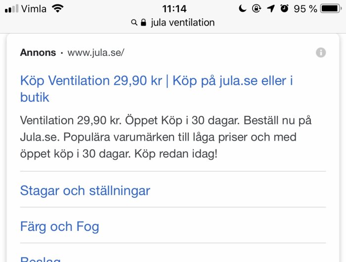 Skärmdump av sökresultat för ventilation på Jula med pris och köpinformation.