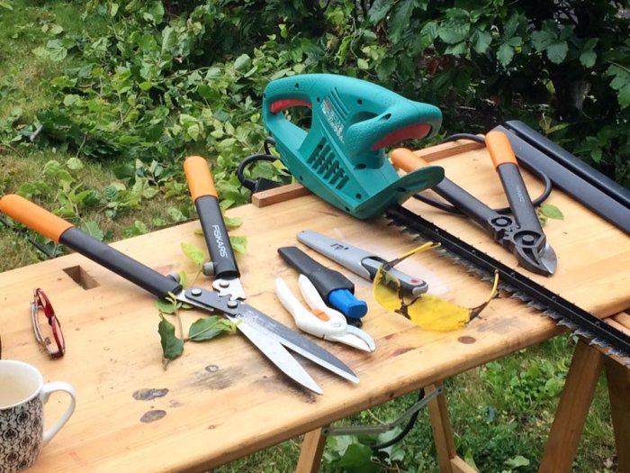 En uppsättning trädgårdsverktyg på ett bord, inklusive en Bosch-elsax med sladd, en häcksax, grensax och en kopp.